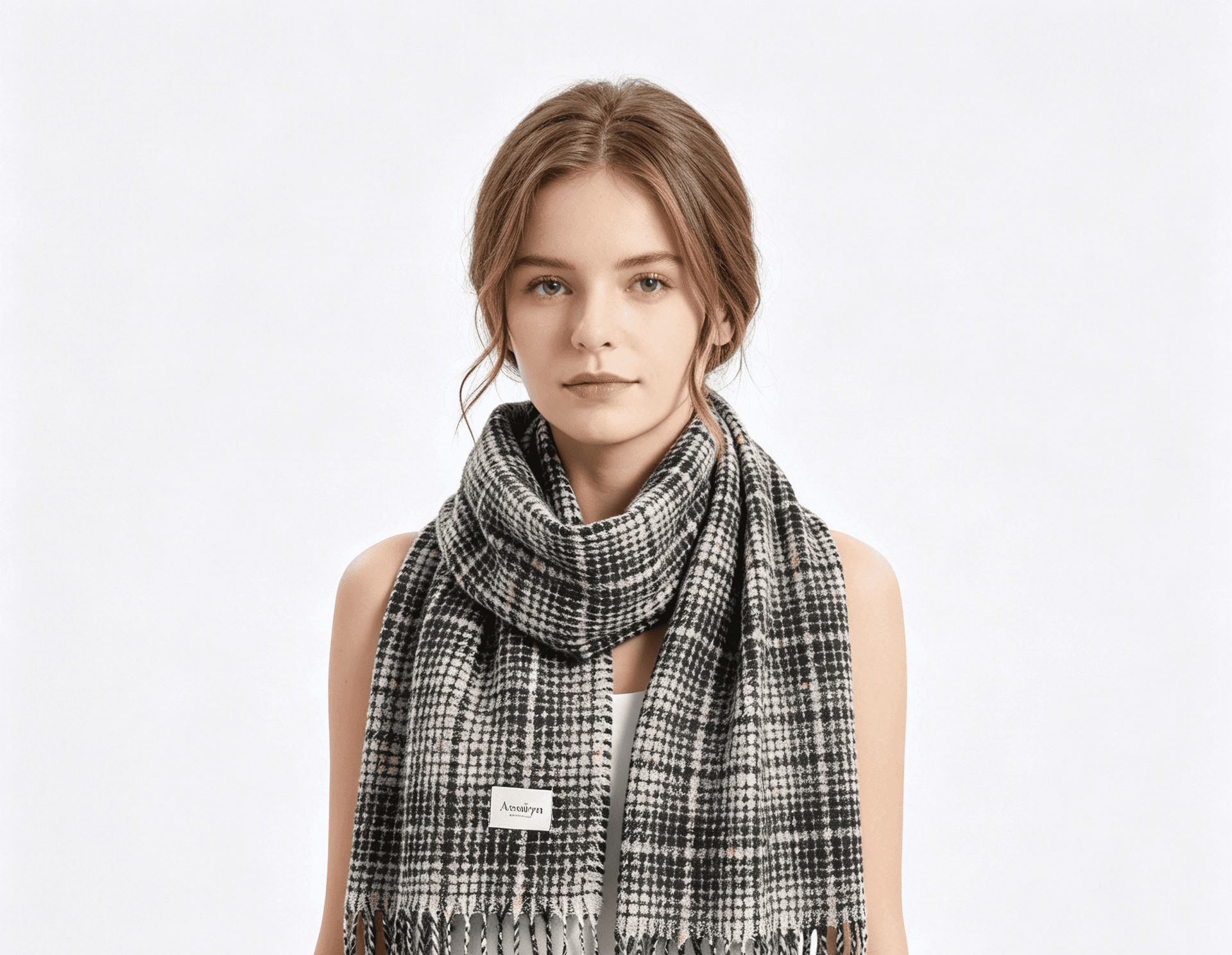 Checked polyester scarf - model showcase