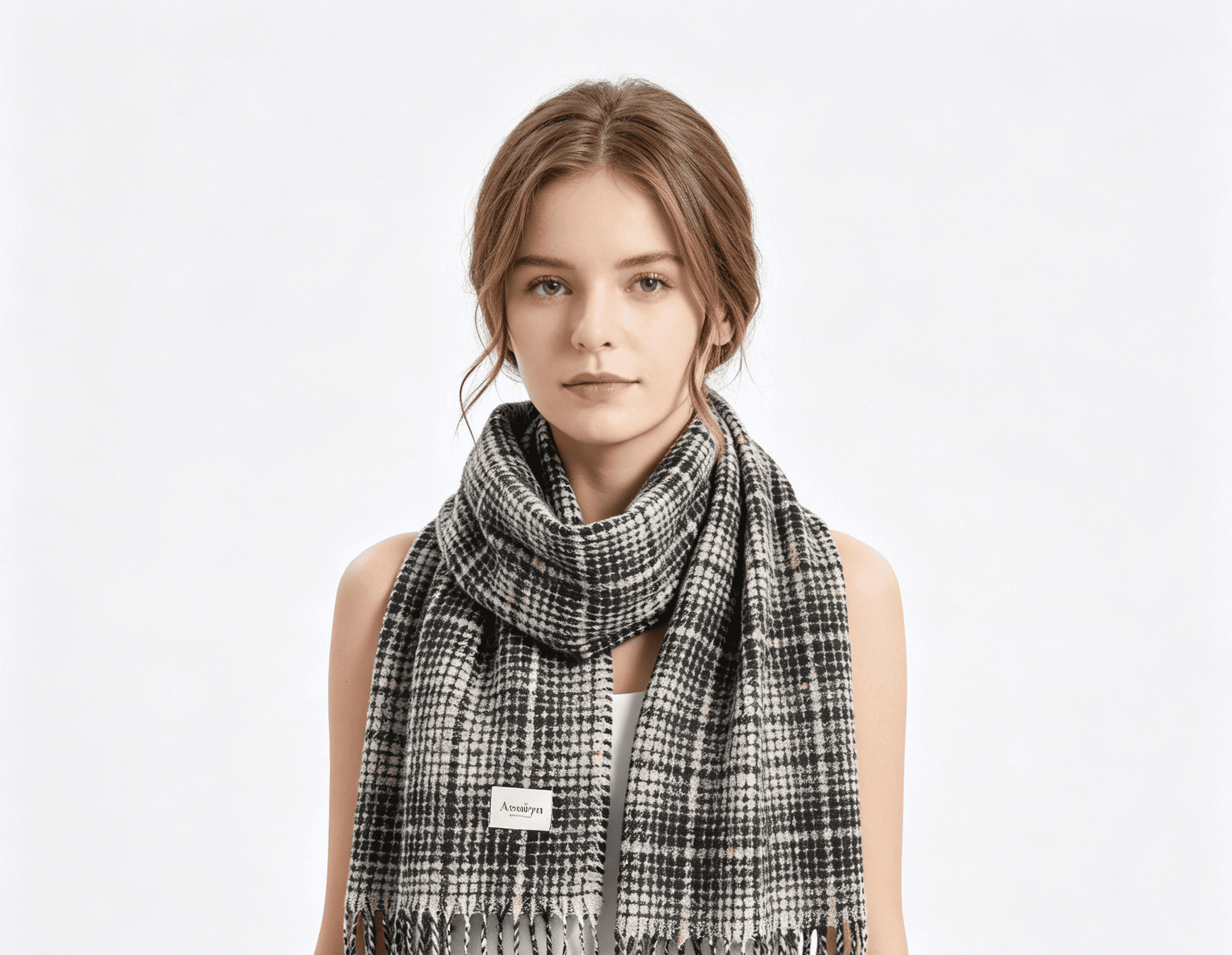 Checked polyester scarf - model showcase
