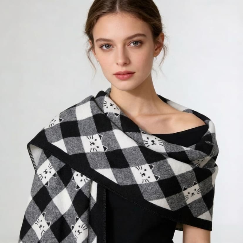 Houndstooth check wool scarf - model showcase