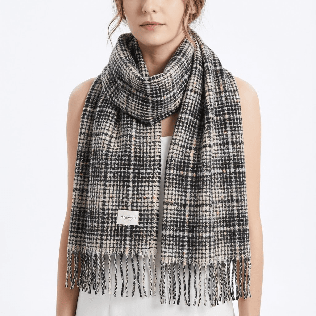 Checked polyester scarf - model showcase