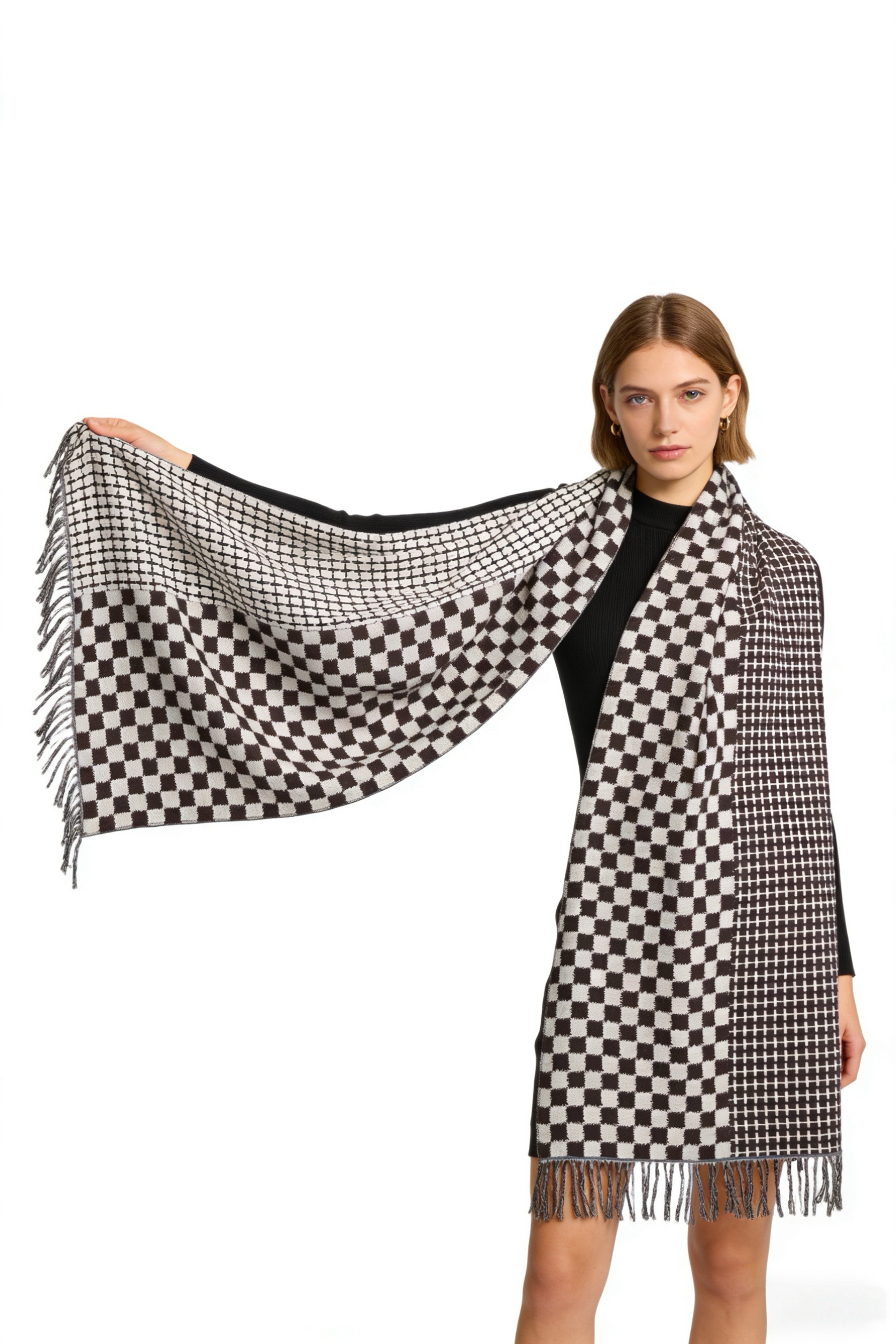 Core-Spun Yarn Brushed Jacquard Scarf with Two-Tone Tassels (65