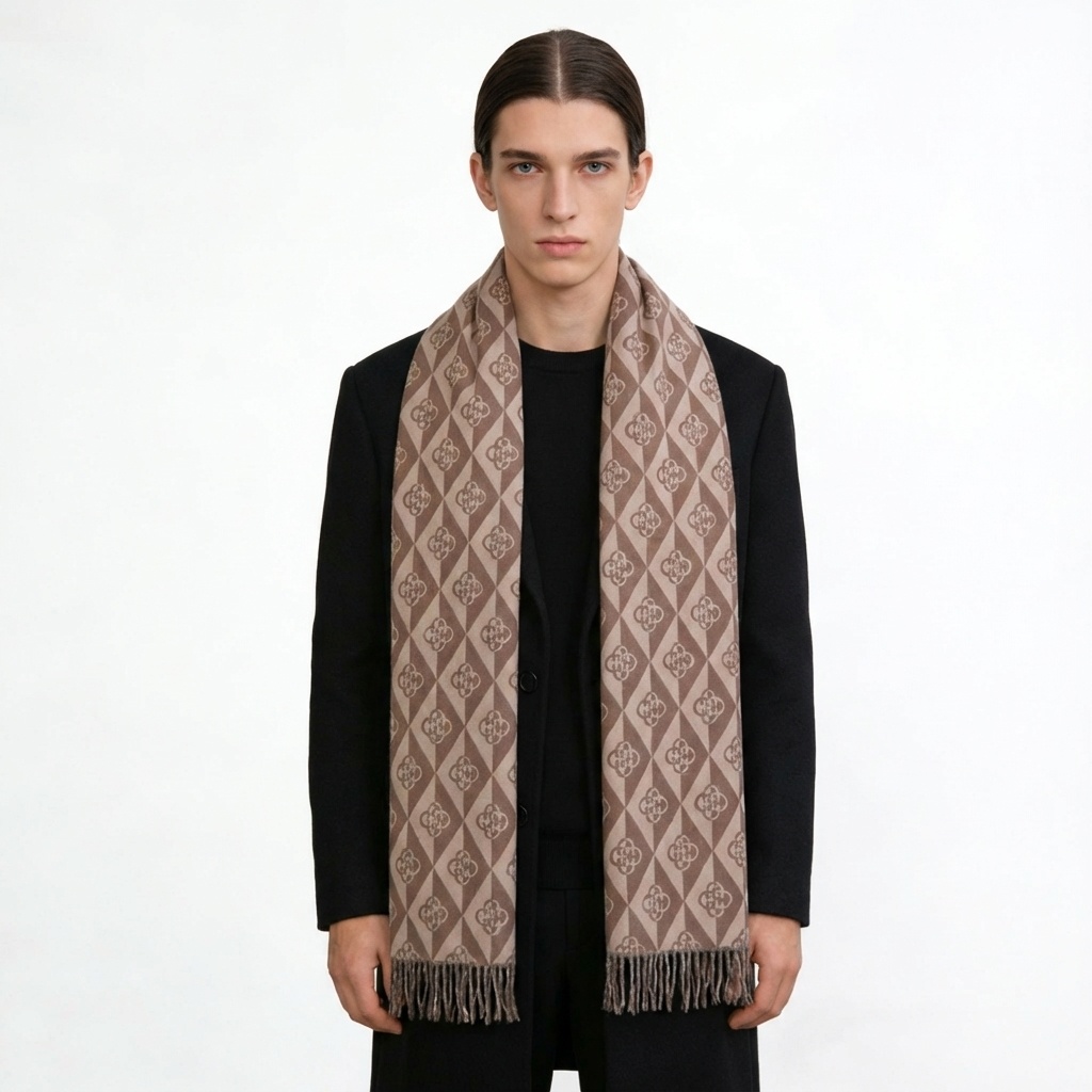 Core-Spun Yarn Brushed Jacquard Scarf with Two-Tone Tassels (65